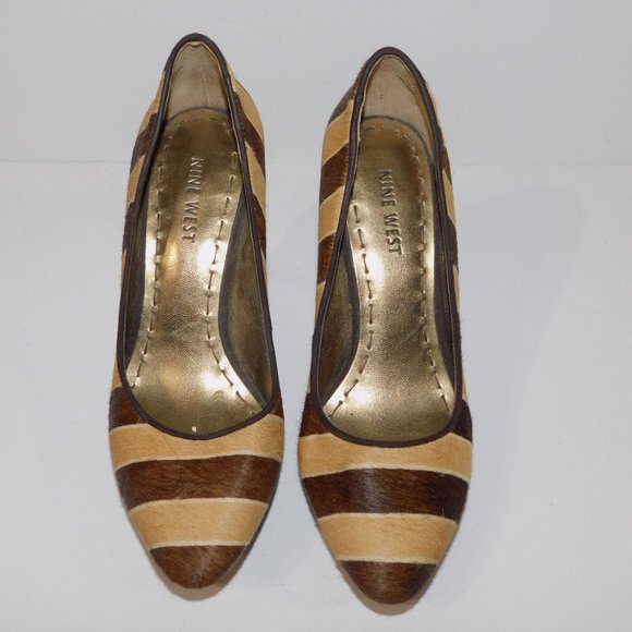 Nine West Womens 6M Brown Tan Striped Animal Hair Platform Heels - Picture 2 of 9